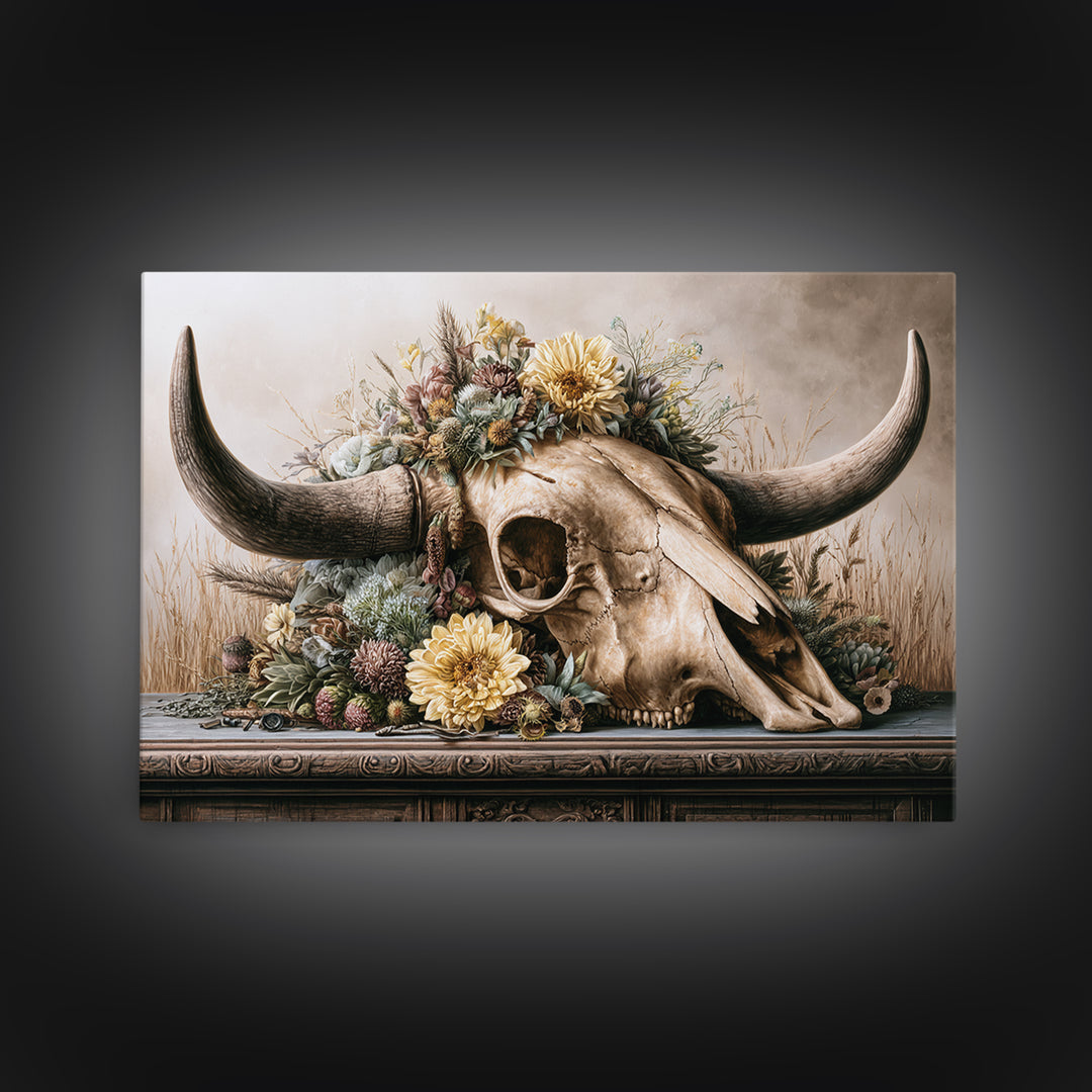 Cow Skull with Desert Flowers Canvas Print, Rustic Art, Living Room Art, Farmhouse Decor, Oil Painting, Rustic, RUS-3x2-93
