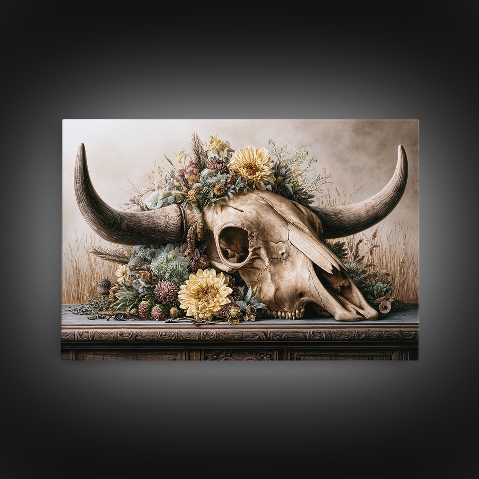 Cow Skull with Desert Flowers Canvas Print, Rustic Art, Living Room Art, Farmhouse Decor, Oil Painting, Rustic, RUS-3x2-93