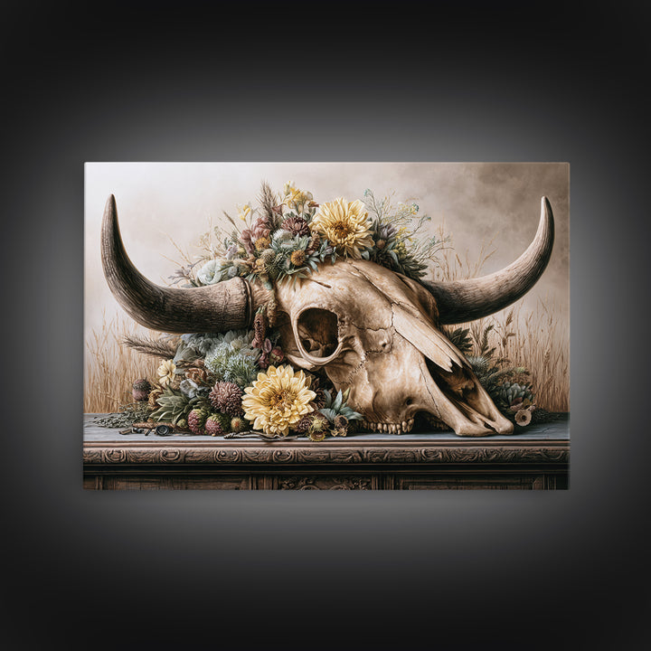 Cow Skull with Desert Flowers Canvas Print, Rustic Art, Living Room Art, Farmhouse Decor, Oil Painting, Rustic, RUS-3x2-93
