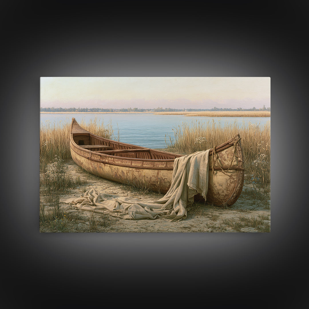 Old Canoe Pulled Onto a Lake Shore Framed Canvas Print, Rustic Art, Luxury Decor, Farmhouse Decor, Fine Art, Rustic, RUS-3x2-96