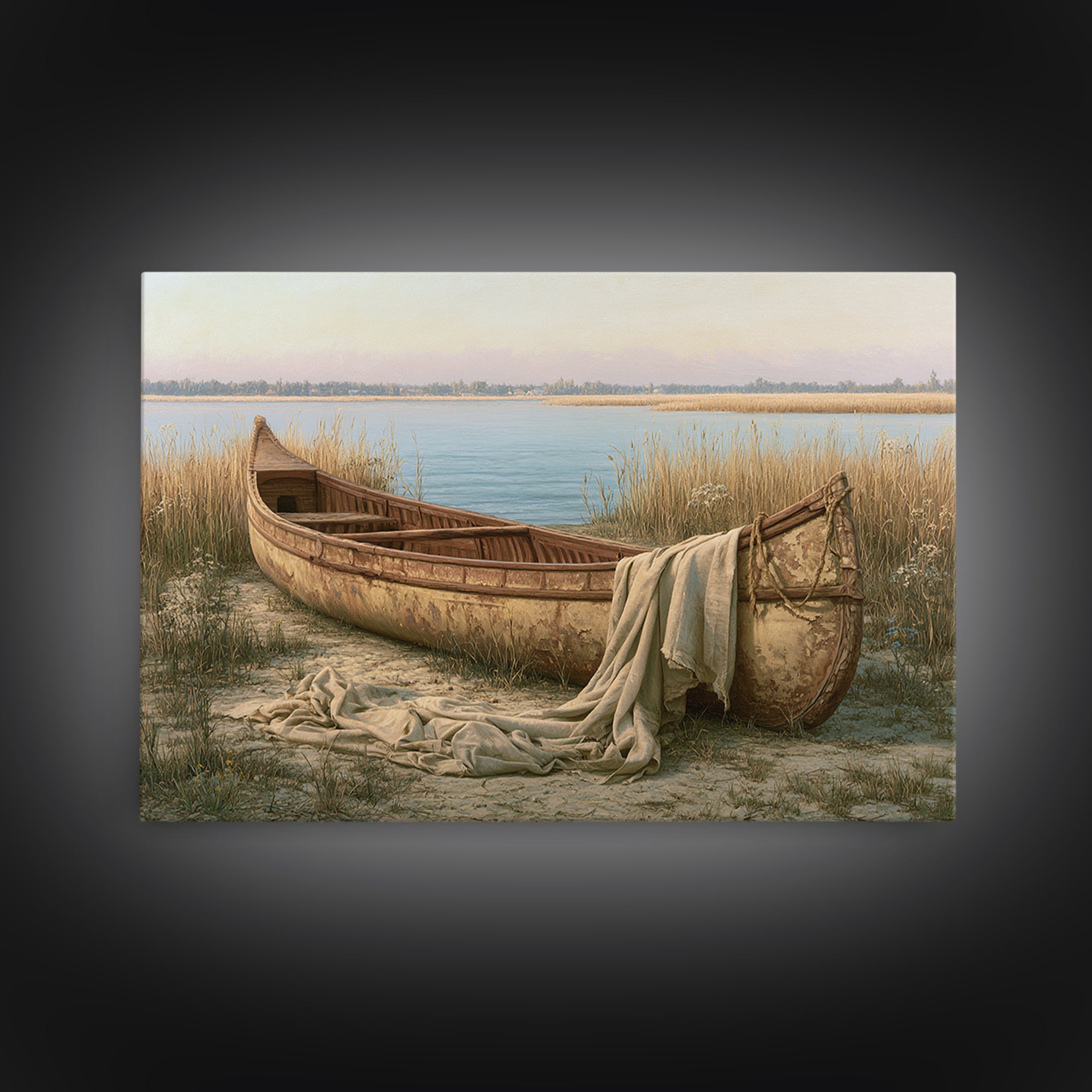 Old Canoe Pulled Onto a Lake Shore Framed Canvas Print, Rustic Art, Luxury Decor, Farmhouse Decor, Fine Art, Rustic, RUS-3x2-96