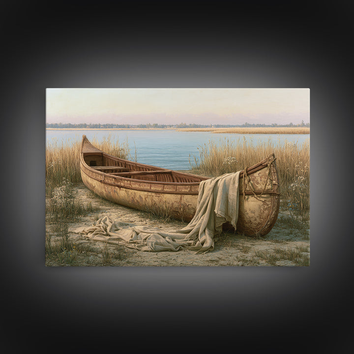 Old Canoe Pulled Onto a Lake Shore Framed Canvas Print, Rustic Art, Luxury Decor, Farmhouse Decor, Fine Art, Rustic, RUS-3x2-96