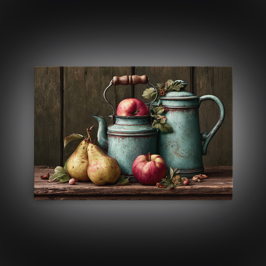 Rustic Pear and Apple Still Life Framed Canvas Print, Rustic Art, Gallery Wall Set, Farmhouse Decor, Watercolor Art, Rustic, RUS-3x2-97