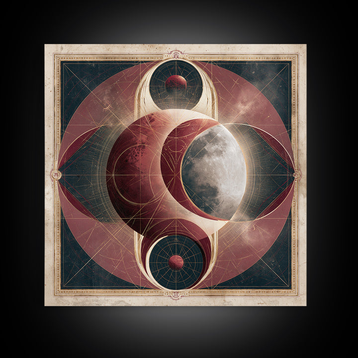 Lunar Eclipse in Deep Red Tones Framed Canvas Print, Space Art, Digital Wall Art, Spa Decor, Serenity, Abstract Painting, SAR-1x1-11