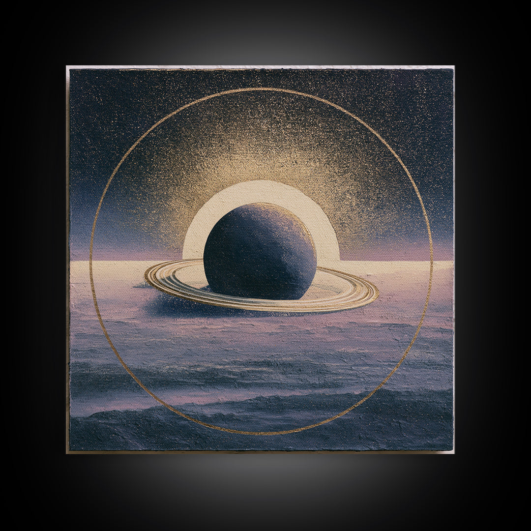 Ringed Planet Rising Framed Canvas Print, Space Art, Retro Wall Art, Spa Decor, Oil Painting, Serenity, Textured Painting, SAR-1x1-2