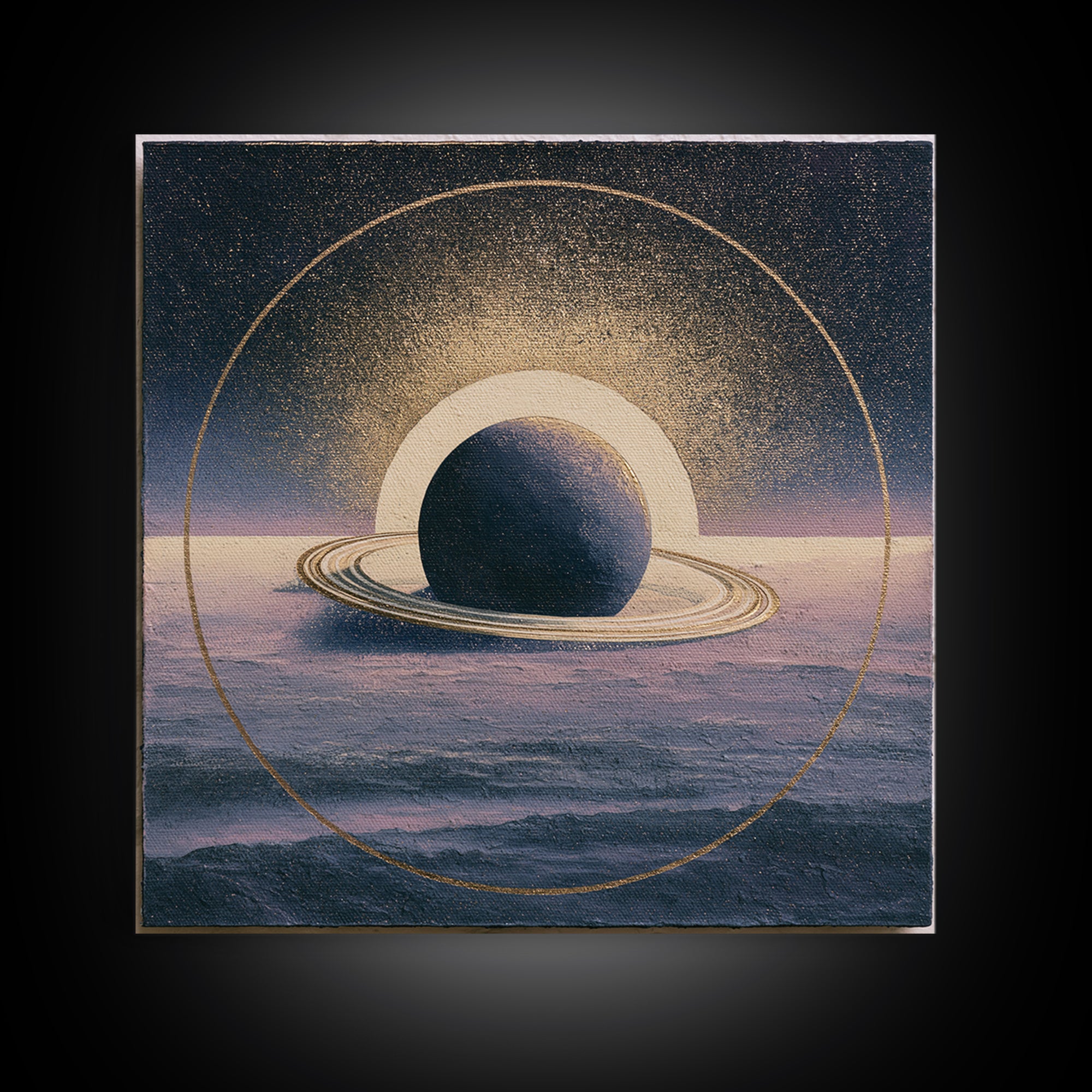 Ringed Planet Rising Framed Canvas Print, Space Art, Retro Wall Art, Spa Decor, Oil Painting, Serenity, Textured Painting, SAR-1x1-2