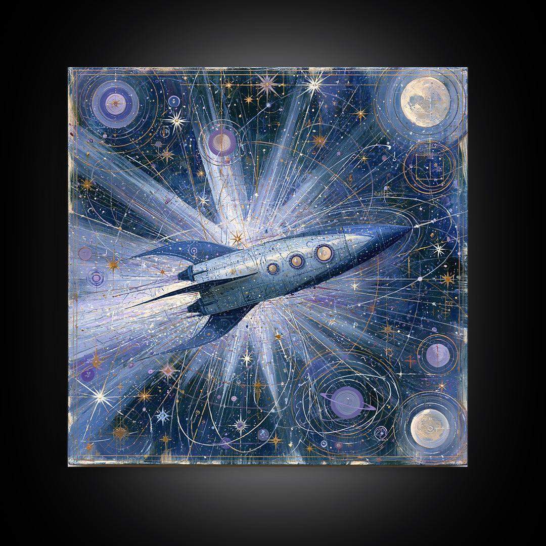Rocket Ship Crossing a Retro Star Field Framed Canvas Print, Space Art, Fine Art Print, Spa Decor, Watercolor Art, Serenity, SAR-1x1-34