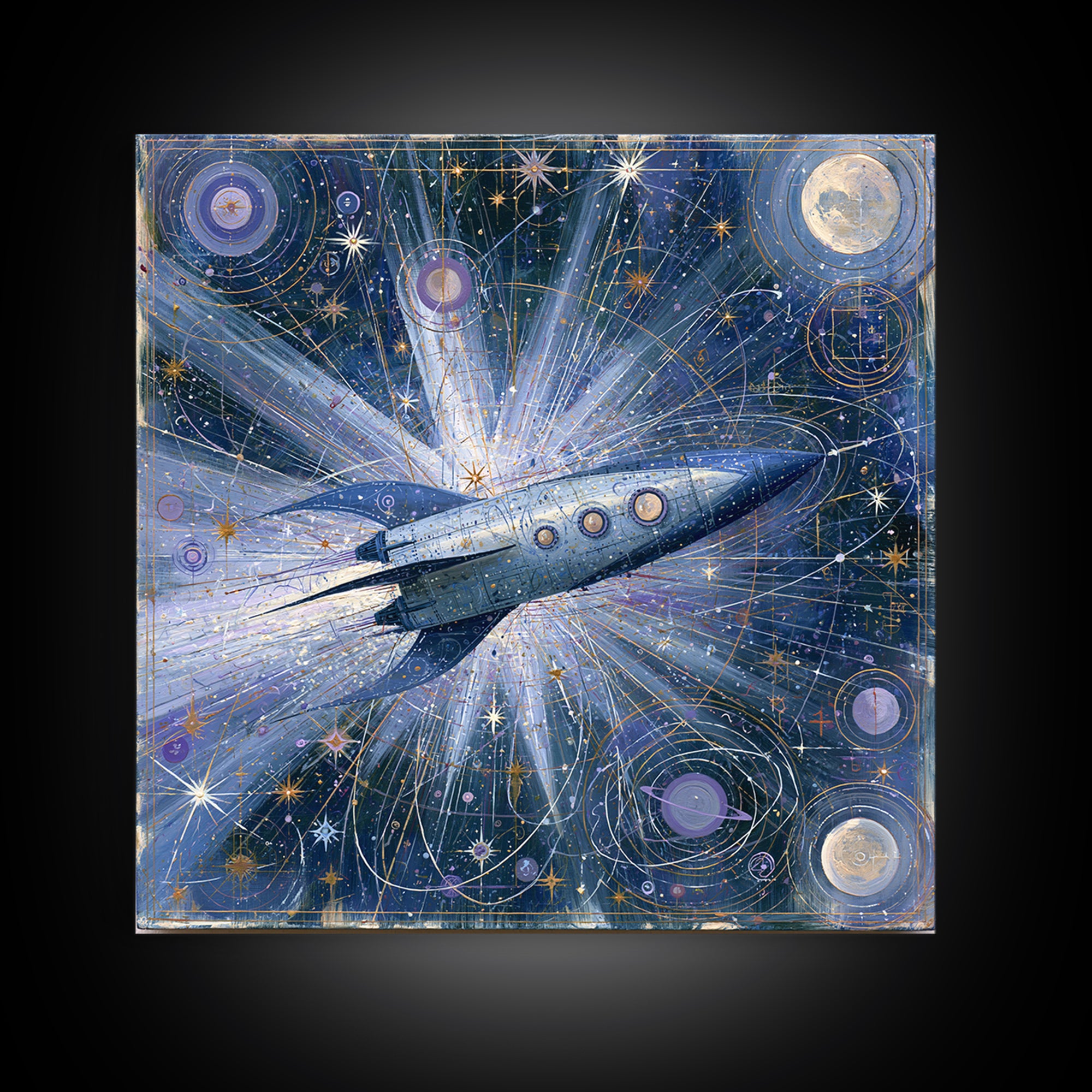 Rocket Ship Crossing a Retro Star Field Framed Canvas Print, Space Art, Fine Art Print, Spa Decor, Watercolor Art, Serenity, SAR-1x1-34