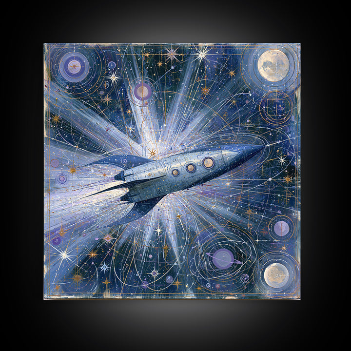 Rocket Ship Crossing a Retro Star Field Framed Canvas Print, Space Art, Fine Art Print, Spa Decor, Watercolor Art, Serenity, SAR-1x1-34