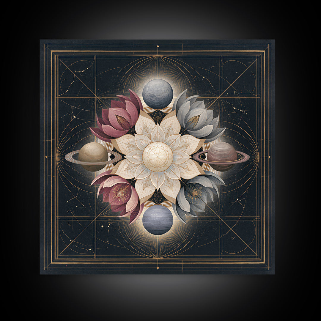 Cosmic Garden with Planets as Flowers Framed Canvas Print, Space Art, Contemporary Art, Spa Decor, Fine Art, Serenity, SAR-1x1-61