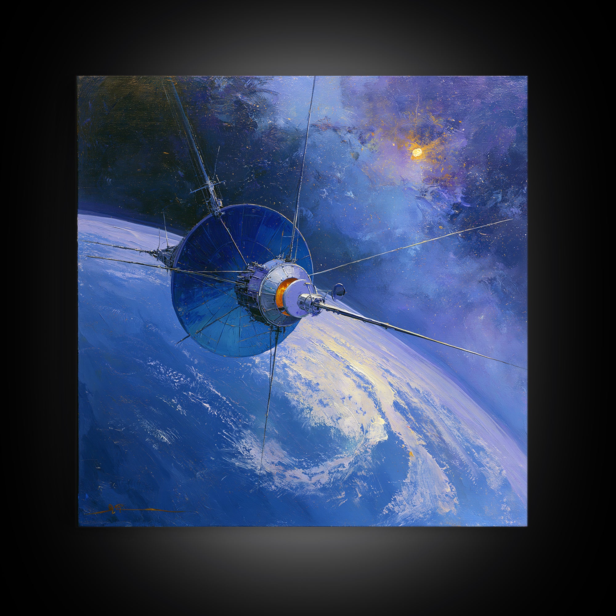 Satellite Orbiting Above Blue Planet Framed Canvas Print, Space Art, Retro Wall Art, Spa Decor, Abstract Art, Serenity, SAR-1x1-84