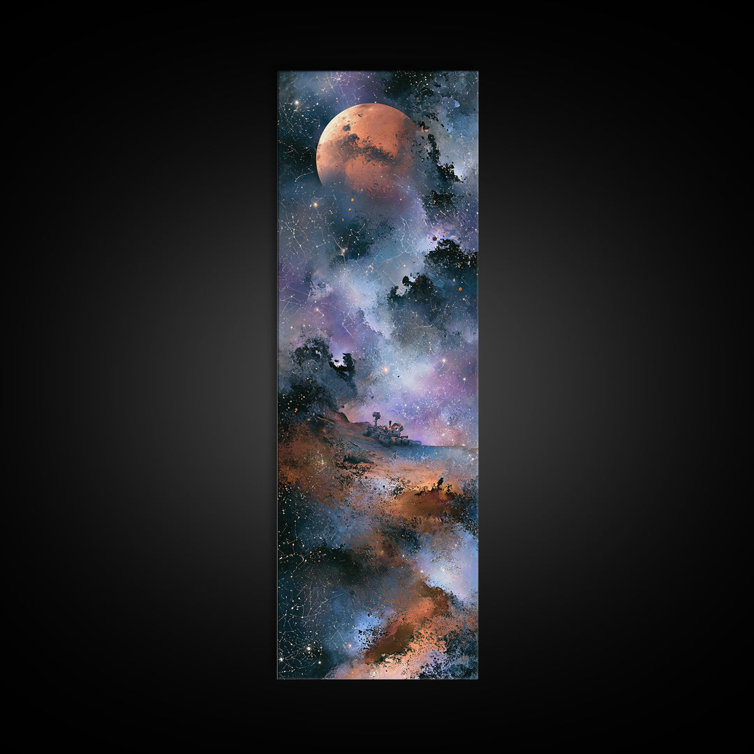 Mars Landscape with Tiny Rover Silhouette Framed Canvas Print, Space Art, Room Decor, Spa Decor, Serenity, Printable Art, SAR-1x3-45