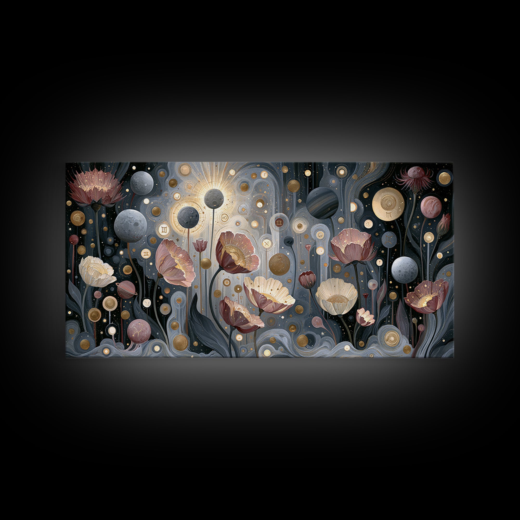 Cosmic Garden with Planets as Flowers Framed Canvas Print, Space Art, Digital Art, Spa Decor, Watercolor Art, Serenity, SAR-2x1-33