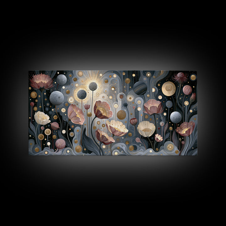Cosmic Garden with Planets as Flowers Framed Canvas Print, Space Art, Digital Art, Spa Decor, Watercolor Art, Serenity, SAR-2x1-33