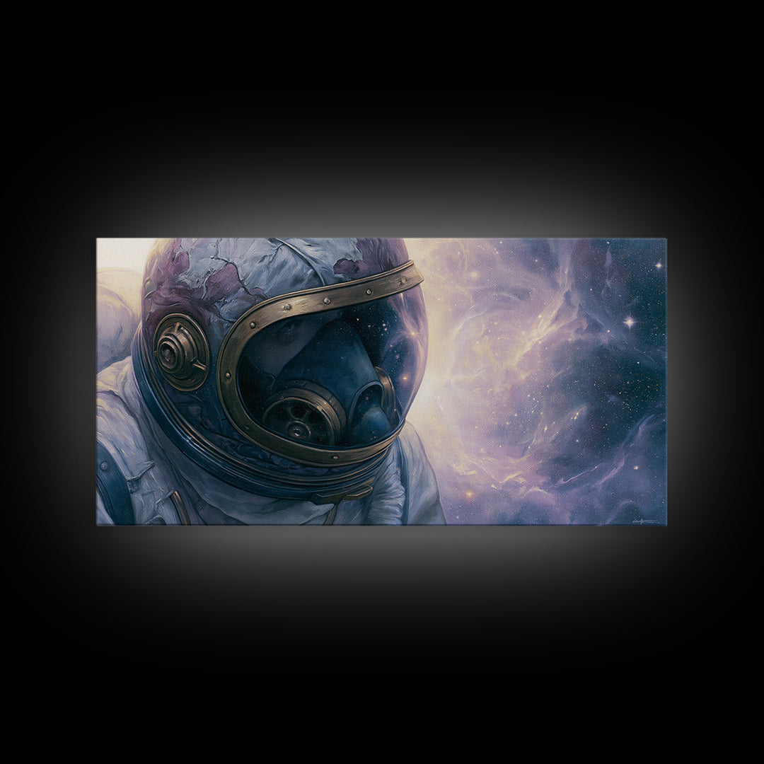 Astronaut Helmet Reflecting a Nebula Canvas Print, Space Art, Poster, Spa Decor, Watercolor Art, Serenity, Oil Painting, SAR-2x1-36