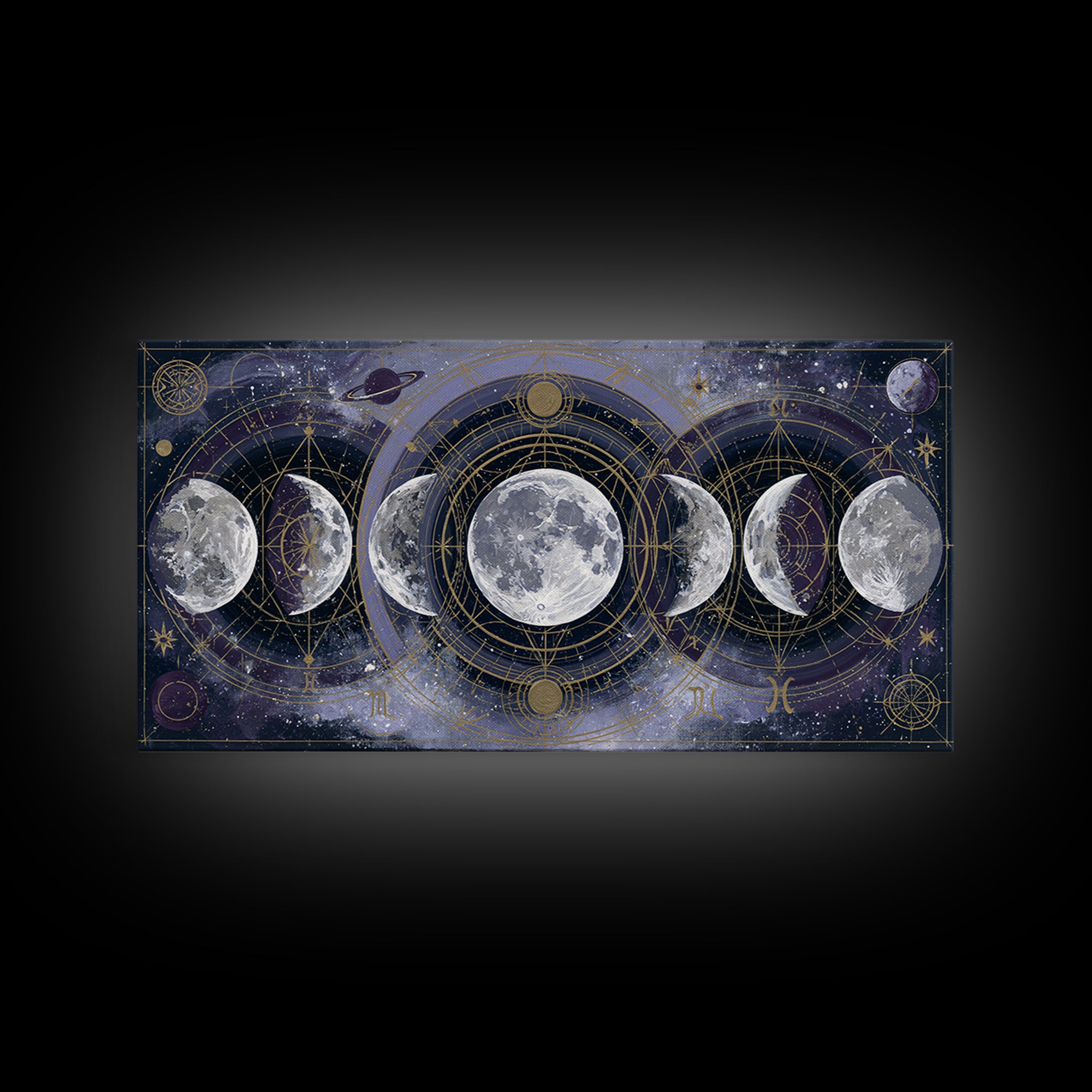 Moon Phases in Elegant Monochrome Framed Canvas Print, Space Art, Printable Wall Art, Spa Decor, Serenity, Retro Wall Art, SAR-2x1-37