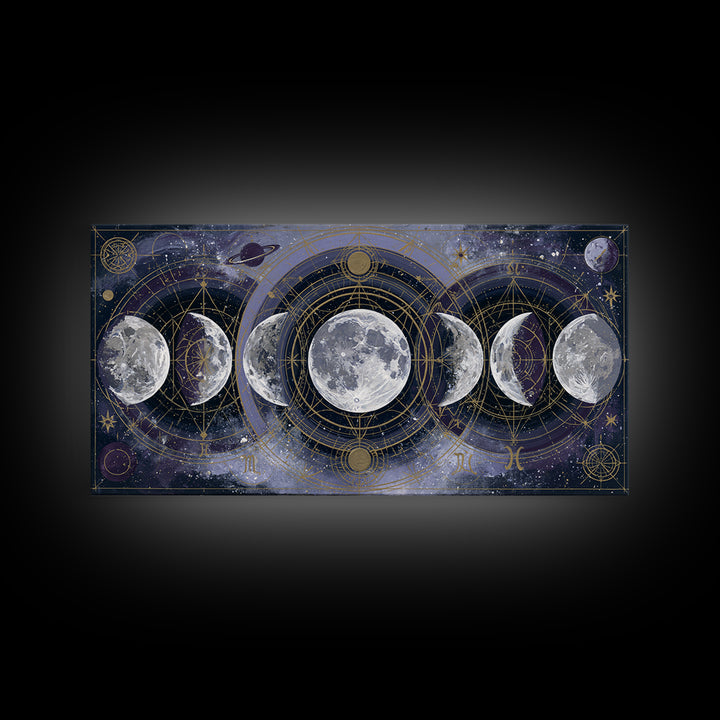 Moon Phases in Elegant Monochrome Framed Canvas Print, Space Art, Printable Wall Art, Spa Decor, Serenity, Retro Wall Art, SAR-2x1-37