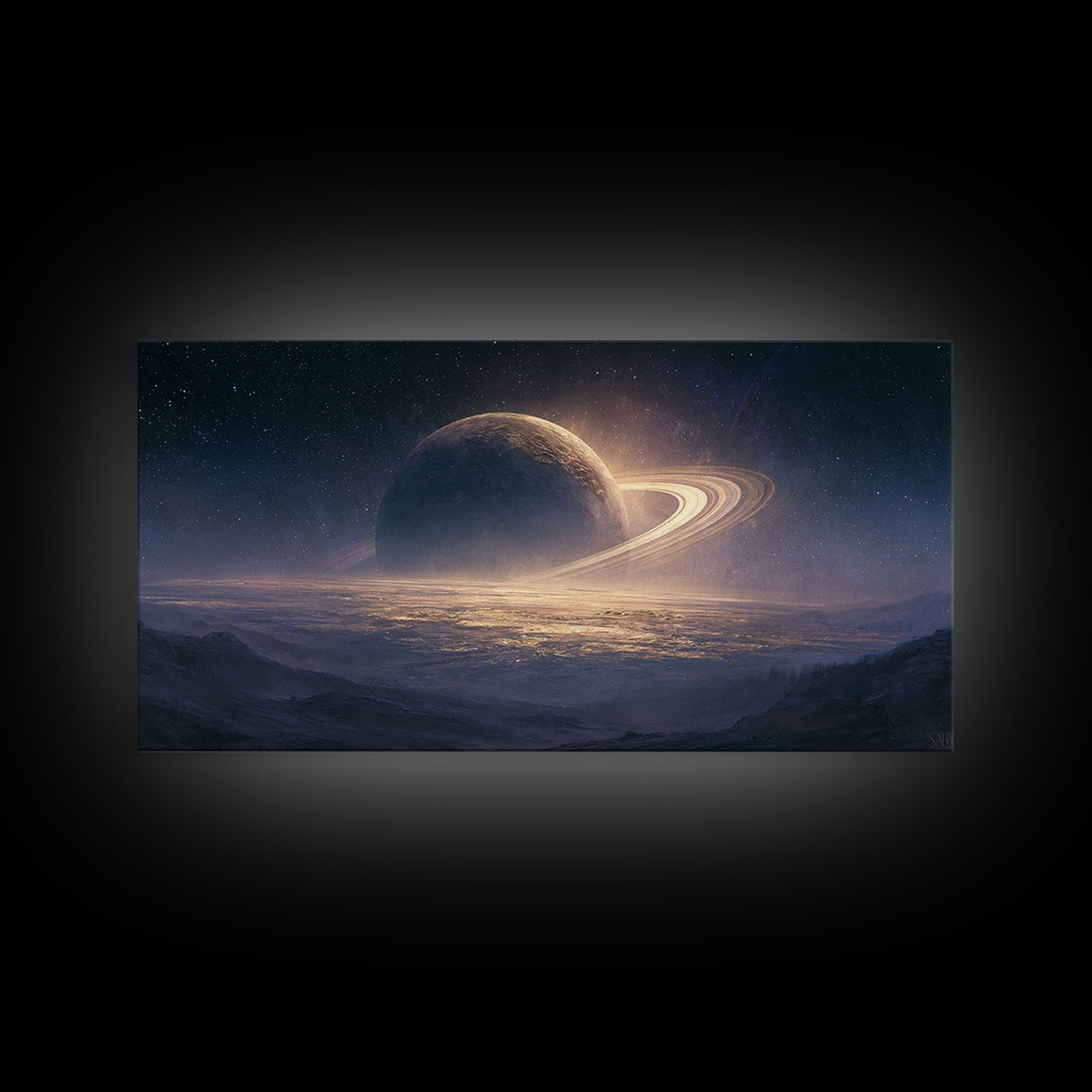 Ringed Planet Rising Framed Canvas Print, Space Art, Posters, Spa Decor, Fine Art, Serenity, Abstract Art, Printable Art, SAR-2x1-46