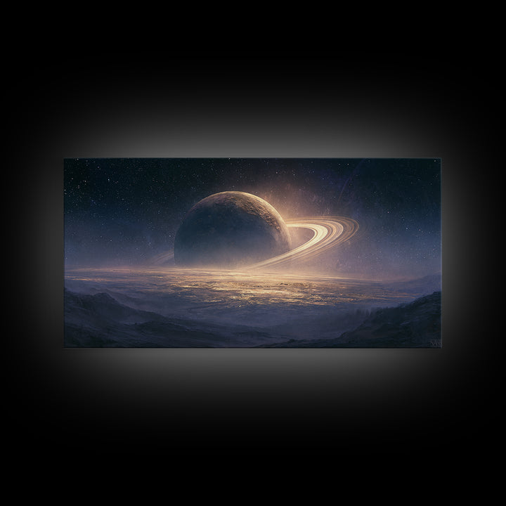 Ringed Planet Rising Framed Canvas Print, Space Art, Posters, Spa Decor, Fine Art, Serenity, Abstract Art, Printable Art, SAR-2x1-46