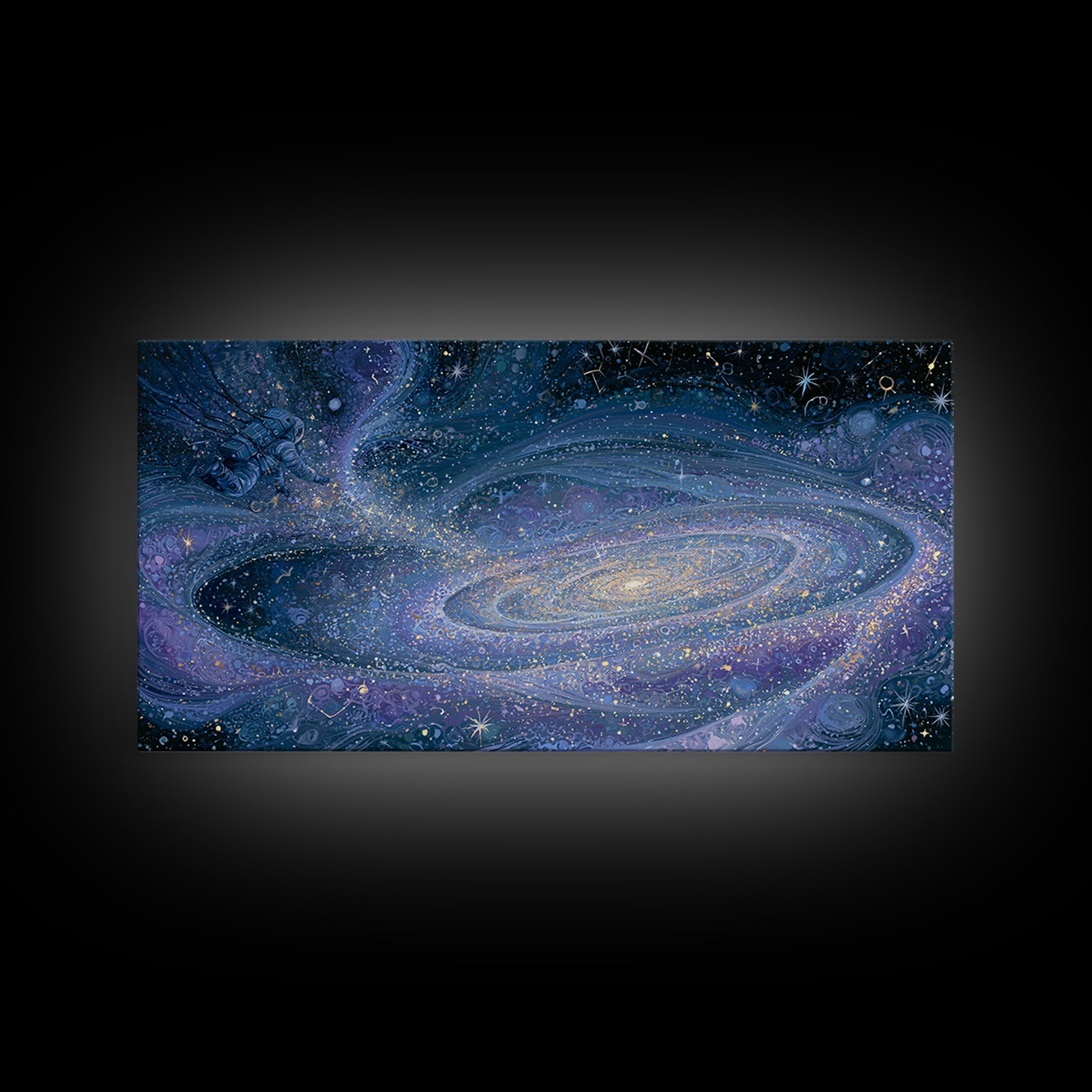 Astronaut Floating Near a Glowing Galaxy Canvas Print, Space Art, Spa Decor, Oil Painting, Serenity, Minimalist Wall Art, SAR-2x1-47