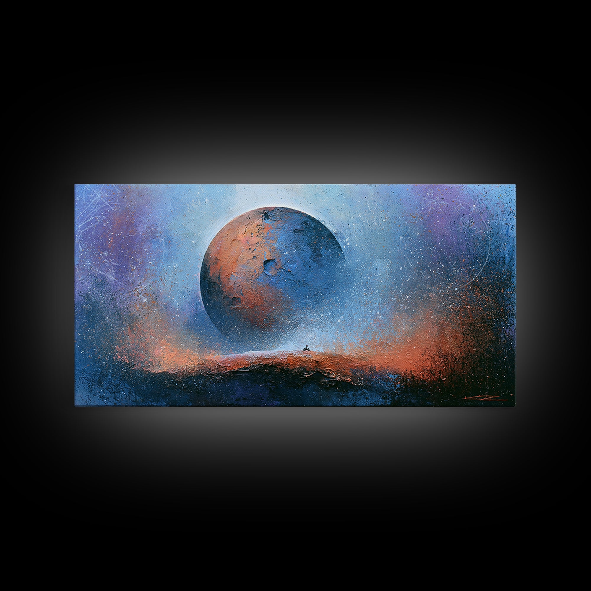 Mars Landscape with Tiny Rover Silhouette Canvas Print, Space Art, Abstract Wall Art, Spa Decor, Serenity, Fine Art Print, SAR-2x1-53