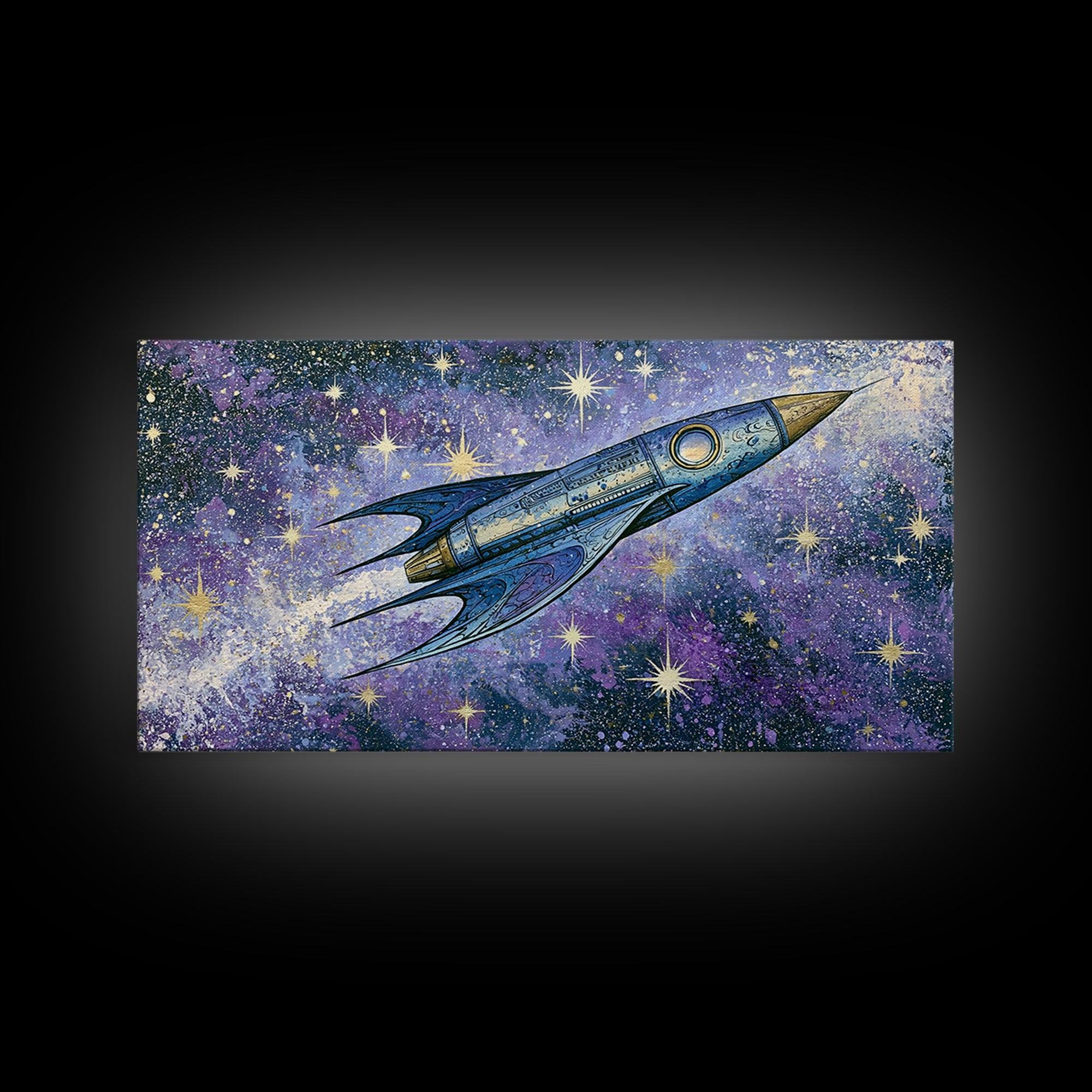 Rocket Ship Crossing a Retro Star Field Canvas Print, Space Art, Art Prints, Spa Decor, Fine Art, Serenity, Abstract Wall Art, SAR-2x1-54