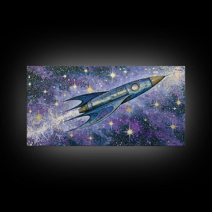 Rocket Ship Crossing a Retro Star Field Canvas Print, Space Art, Art Prints, Spa Decor, Fine Art, Serenity, Abstract Wall Art, SAR-2x1-54