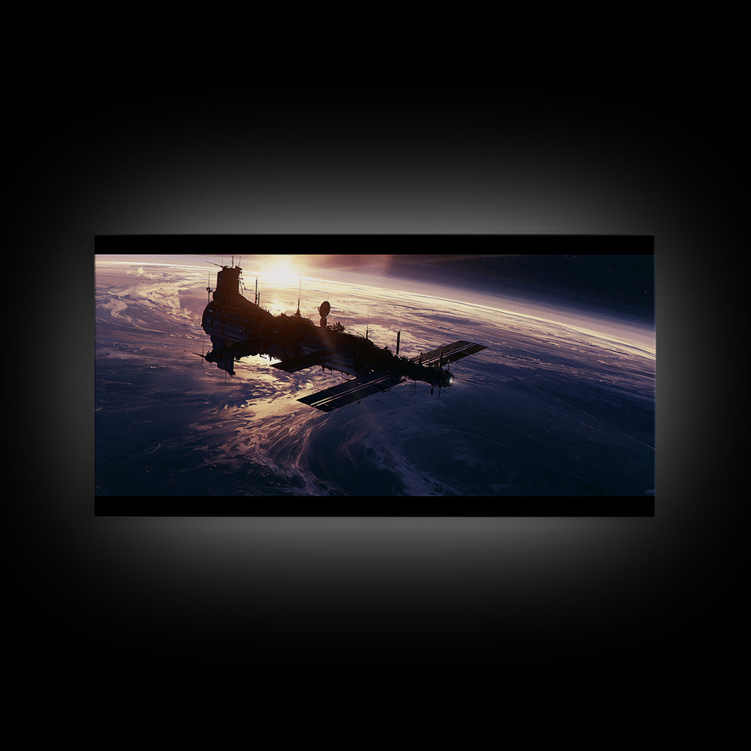 Space Station Silhouetted by Sunrise Framed Canvas Print, Space Art, Digital Wall Art, Spa Decor, Oil Painting, Serenity, SAR-2x1-92