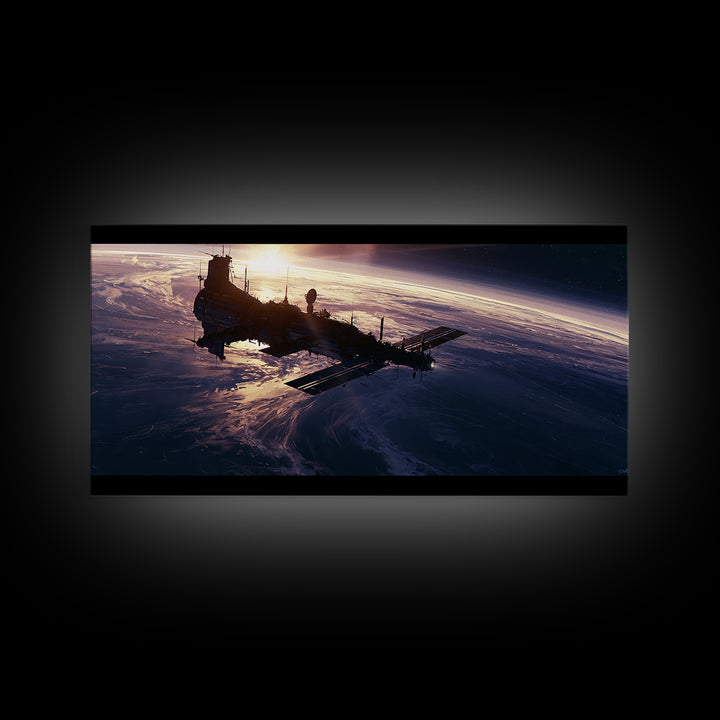 Space Station Silhouetted by Sunrise Framed Canvas Print, Space Art, Digital Wall Art, Spa Decor, Oil Painting, Serenity, SAR-2x1-92