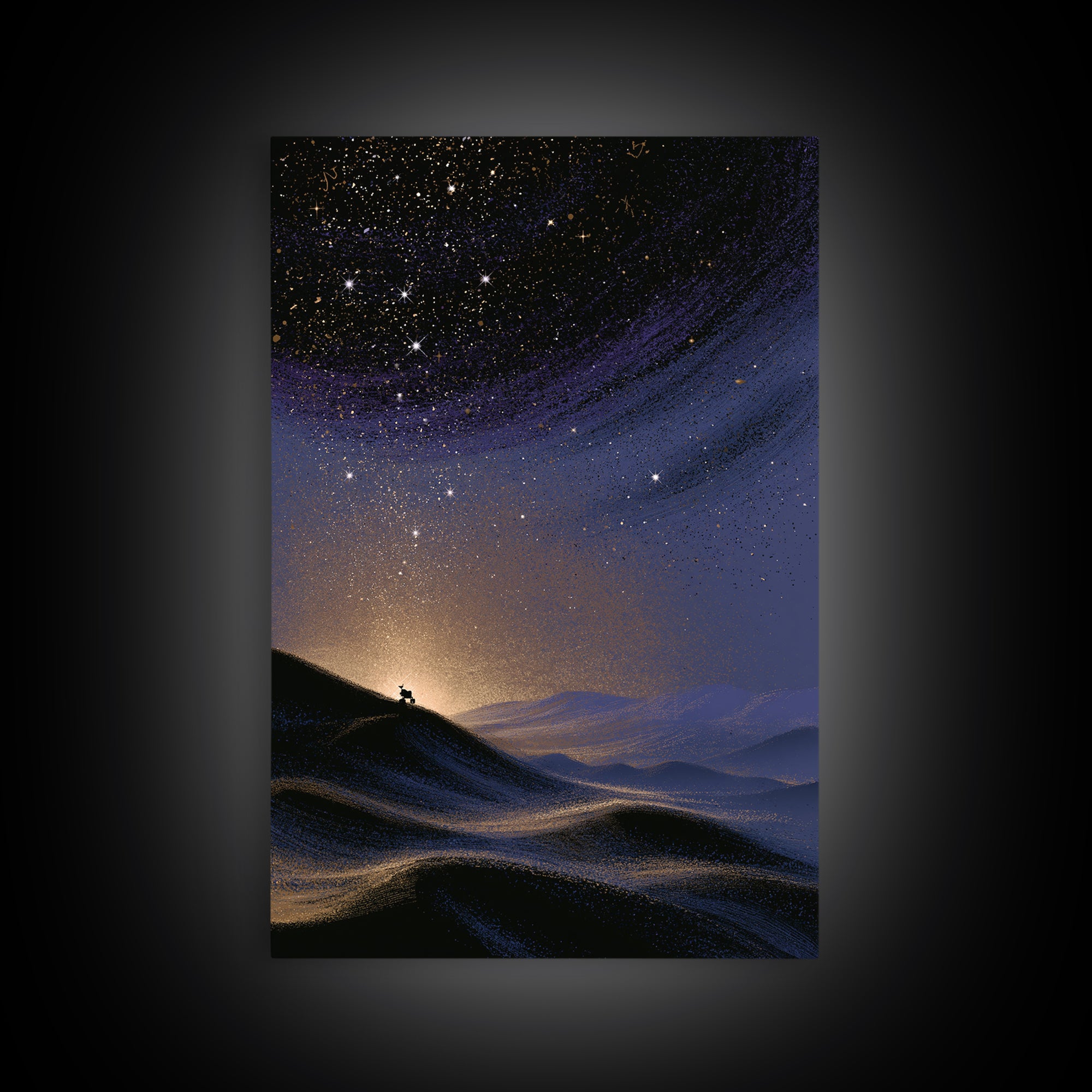 Mars Landscape with Tiny Rover Silhouette Framed Canvas Print, Space Art, Abstract Art, Spa Decor, Fine Art, Serenity, SAR-2x3-17