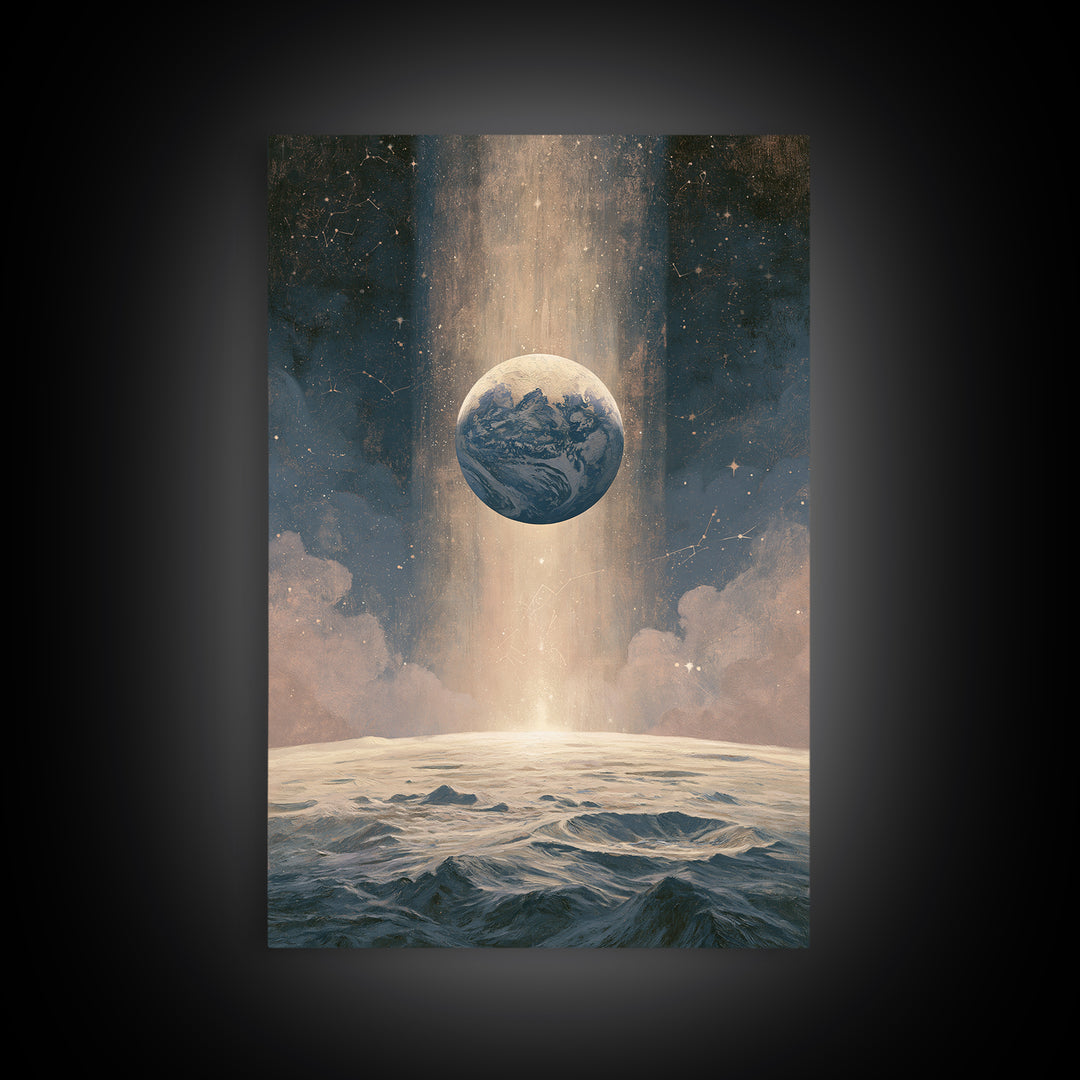 Moon Surface with Earth Hanging Above Framed Canvas Print, Space Art, Canvas Wall Art, Spa Decor, Fine Art, Serenity, SAR-2x3-37