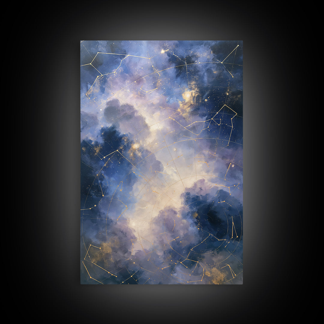 Star Map with Gold Constellation Lines Framed Canvas Print, Space Art, Room Decor, Spa Decor, Fine Art, Serenity, Printable Art, SAR-2x3-46
