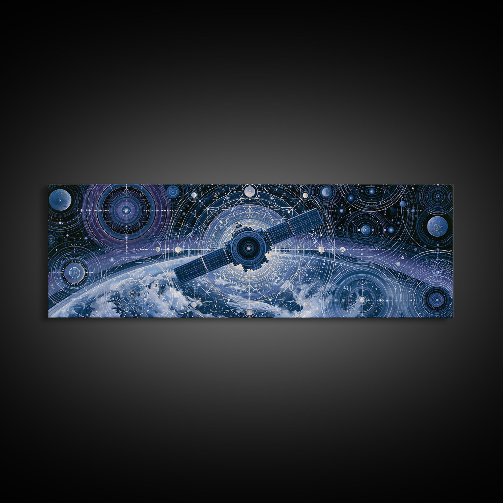 Satellite Orbiting Above Blue Planet Canvas Print, Space Art, Painting, Spa Decor, Abstract Art, Serenity, Canvas Wall Art, SAR-3x1-100
