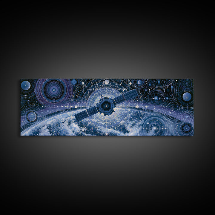 Satellite Orbiting Above Blue Planet Canvas Print, Space Art, Painting, Spa Decor, Abstract Art, Serenity, Canvas Wall Art, SAR-3x1-100