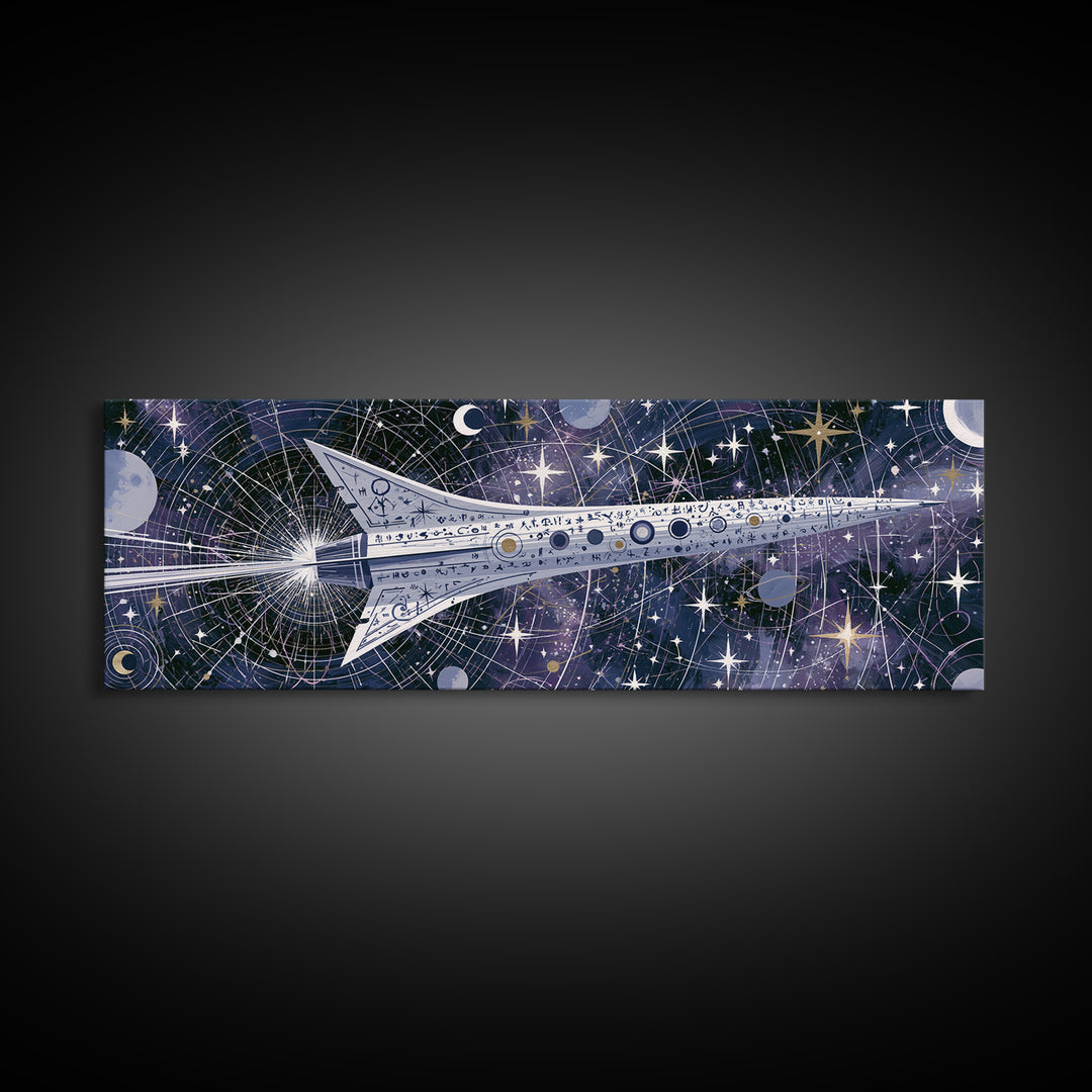 Rocket Ship Crossing a Retro Star Field Canvas Print, Space Art, Printable Art, Spa Decor, Watercolor Art, Serenity, SAR-3x1-26