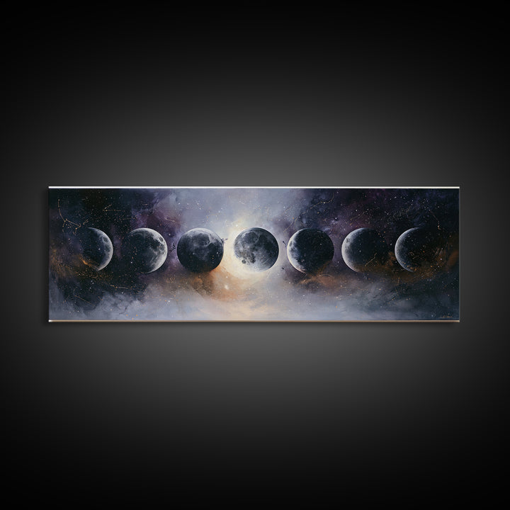 Moon Phases in Elegant Monochrome Framed Canvas Print, Space Art, Statement Artwork, Spa Decor, Fine Art, Serenity, Wall Decor, SAR-3x1-57