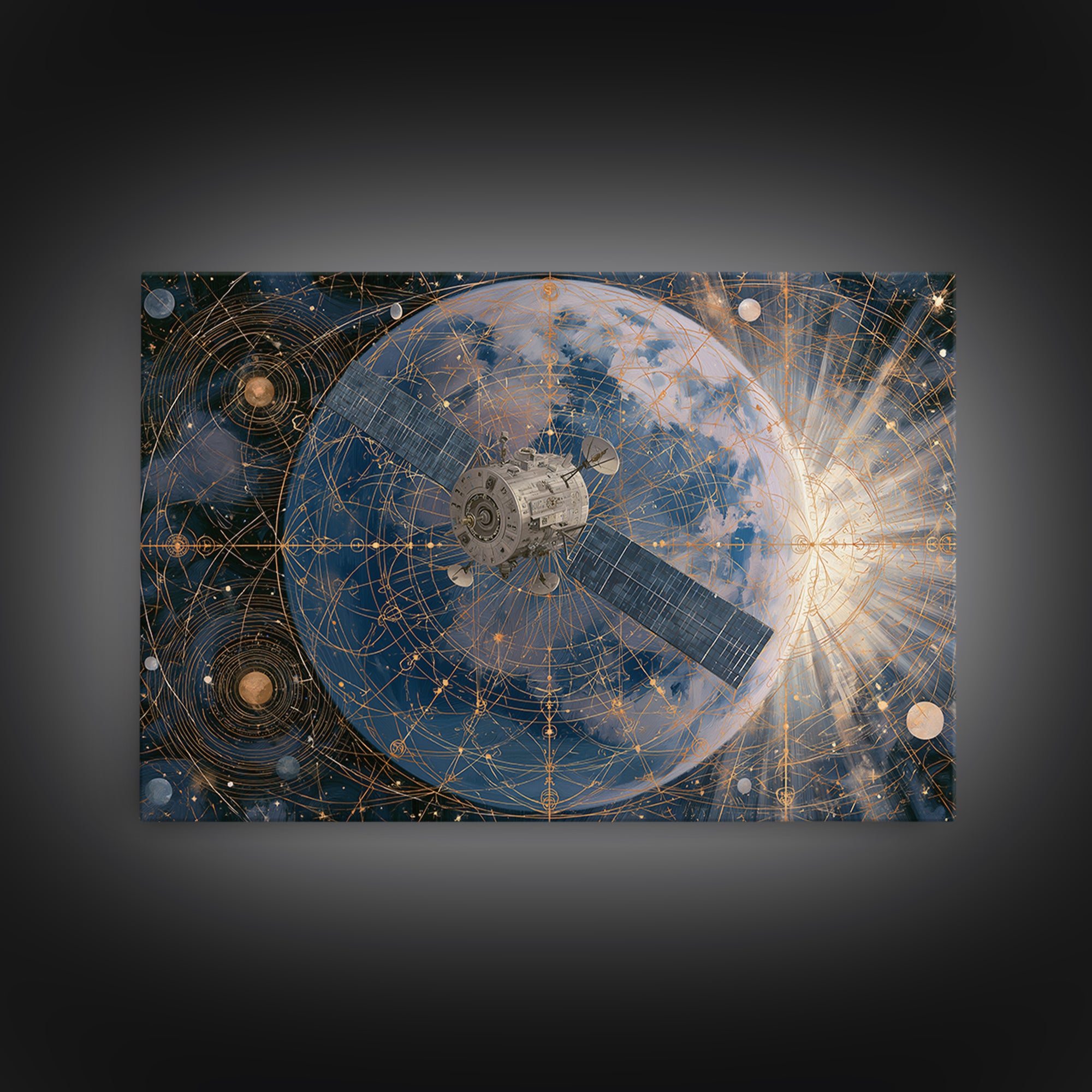 Satellite Orbiting Above Blue Planet Framed Canvas Print, Space Art, Textured Painting, Spa Decor, Oil Painting, Serenity, SAR-3x2-40