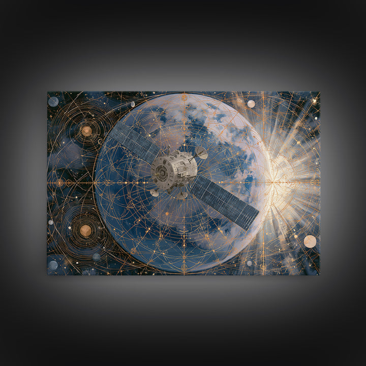 Satellite Orbiting Above Blue Planet Framed Canvas Print, Space Art, Textured Painting, Spa Decor, Oil Painting, Serenity, SAR-3x2-40
