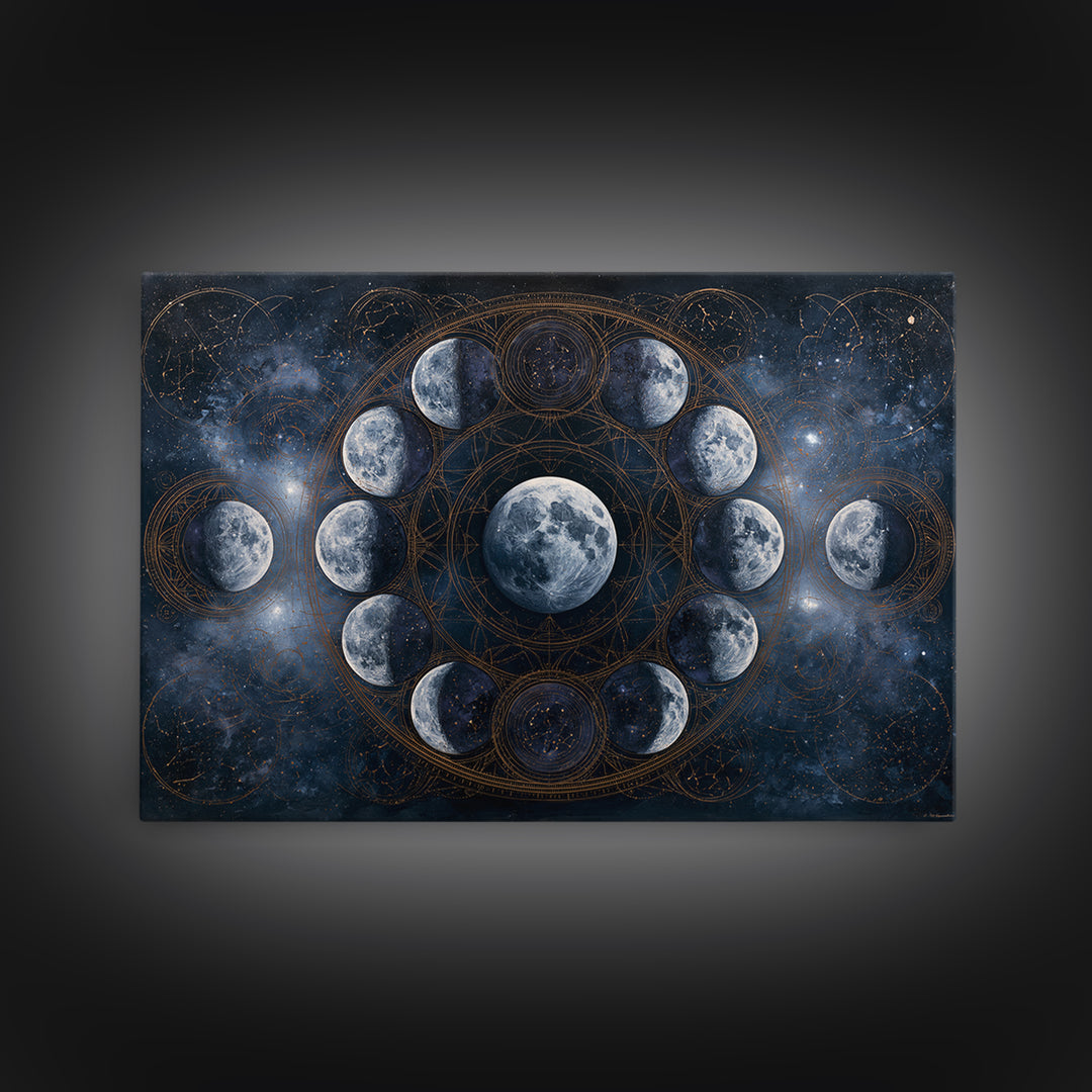 Moon Phases in Elegant Monochrome Framed Canvas Print, Space Art, Textured Painting, Spa Decor, Fine Art, Serenity, Art Prints, SAR-3x2-45