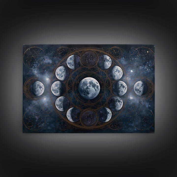 Moon Phases in Elegant Monochrome Framed Canvas Print, Space Art, Textured Painting, Spa Decor, Fine Art, Serenity, Art Prints, SAR-3x2-45