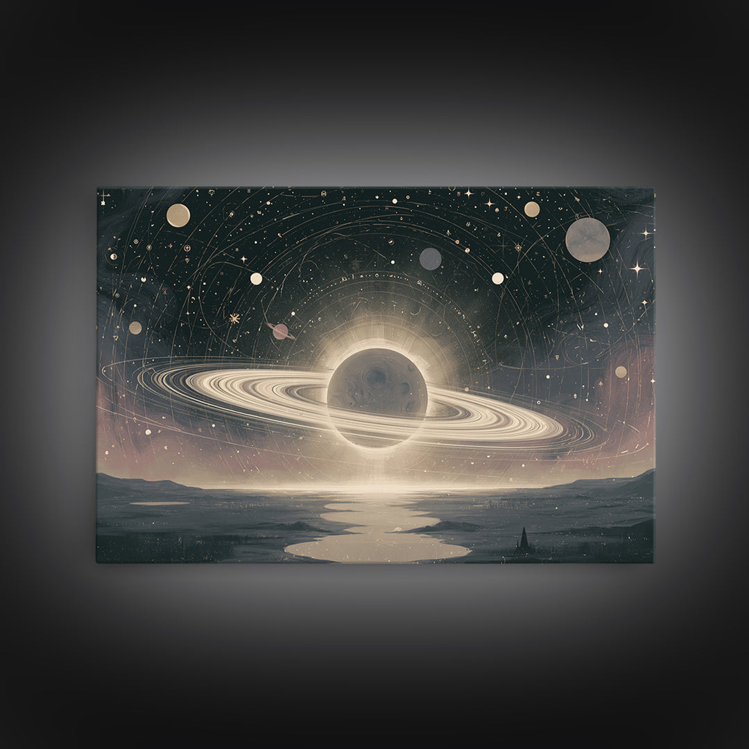 Ringed Planet Rising Framed Canvas Print, Space Art, Space, Spa Decor, Fine Art, Serenity, Statement Artwork, Boho Decor, SAR-3x2-6