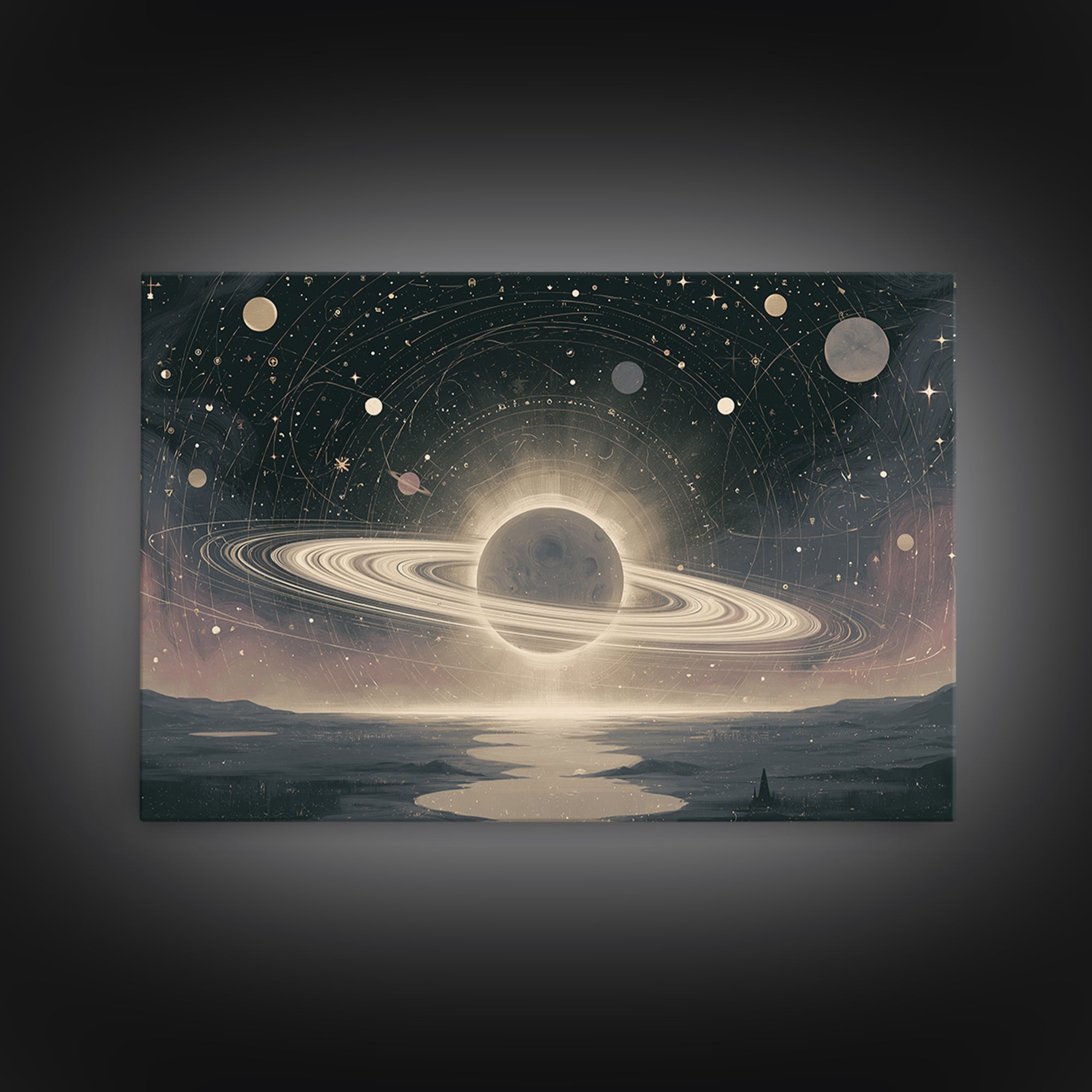 Ringed Planet Rising Framed Canvas Print, Space Art, Space, Spa Decor, Fine Art, Serenity, Statement Artwork, Boho Decor, SAR-3x2-6
