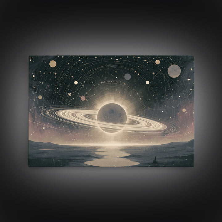 Ringed Planet Rising Framed Canvas Print, Space Art, Space, Spa Decor, Fine Art, Serenity, Statement Artwork, Boho Decor, SAR-3x2-6