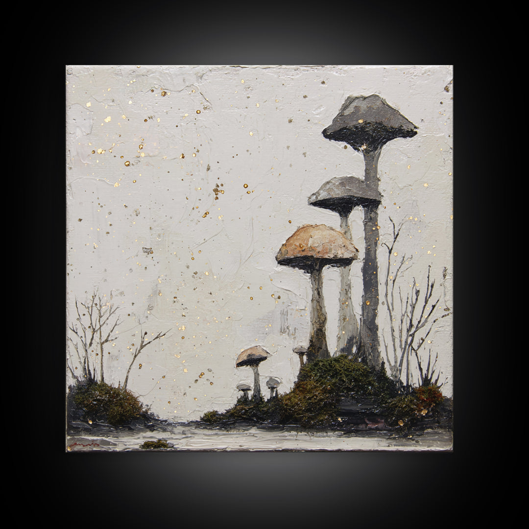 Simple Mushroom and Moss Forest Study Framed Canvas Print, Scandinavian Art, Boho Wall Decor, Living Room Decor, Nordic, SCA-1x1-24