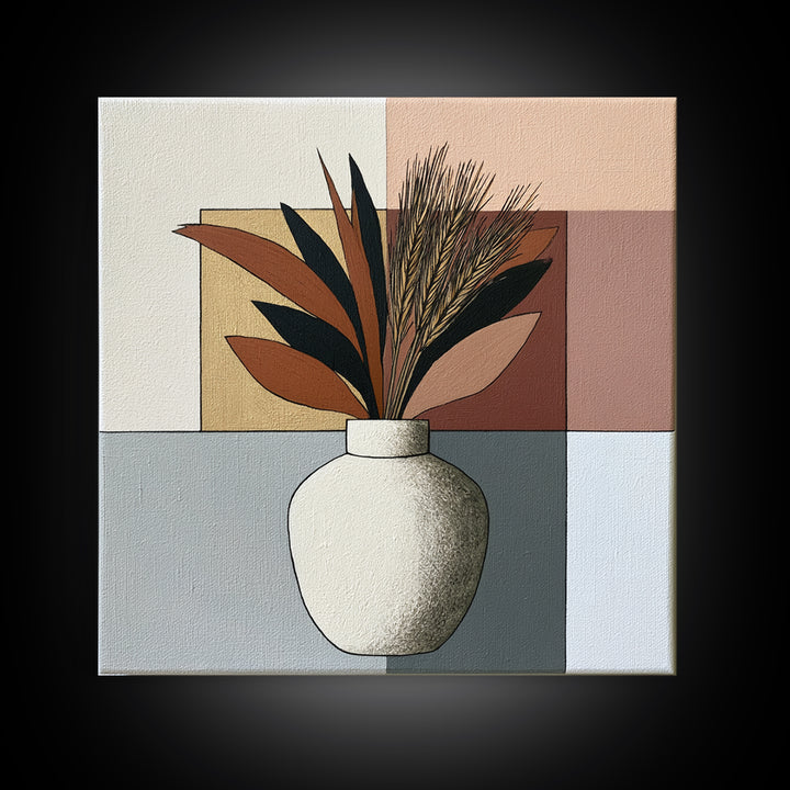 Ceramic Vase with Dried Grasses Framed Canvas Print, Scandinavian Art, Living Room Decor, Oil Painting, Nordic, SCA-1x1-37