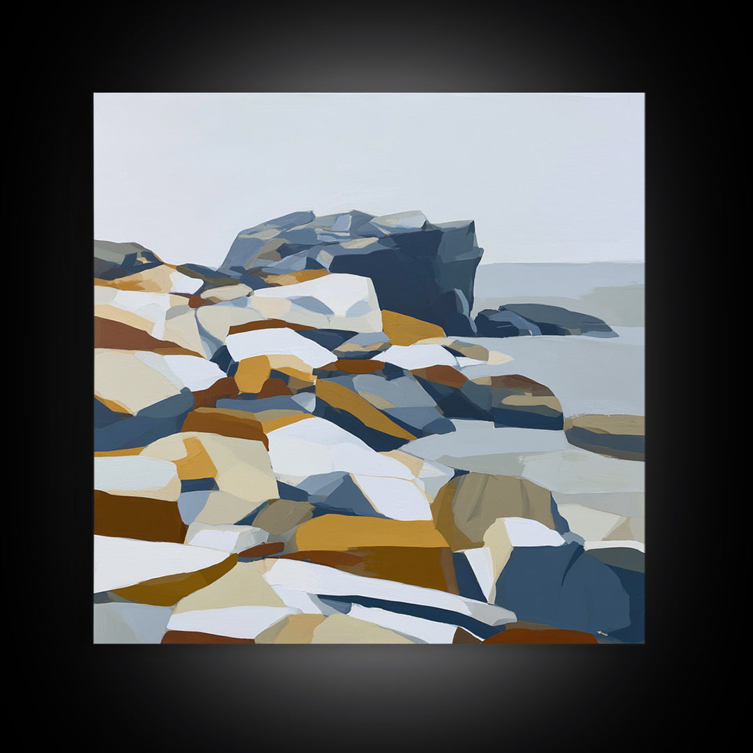Quiet Coastal Rocks and Gray Sea Framed Canvas Print, Scandinavian Art, Living Room Decor, Fine Art, Nordic, Gallery Decor, SCA-1x1-47