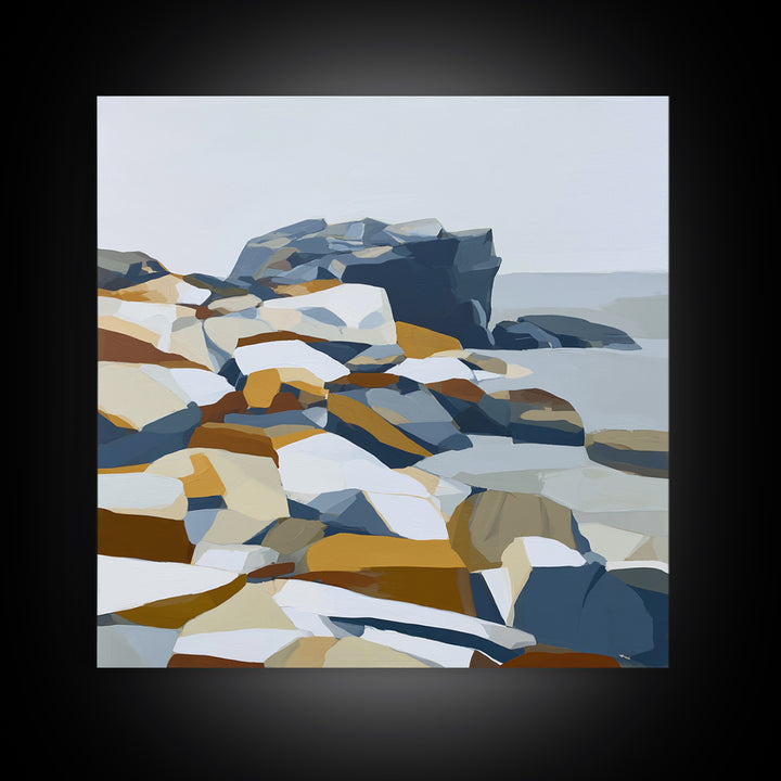 Quiet Coastal Rocks and Gray Sea Framed Canvas Print, Scandinavian Art, Living Room Decor, Fine Art, Nordic, Gallery Decor, SCA-1x1-47