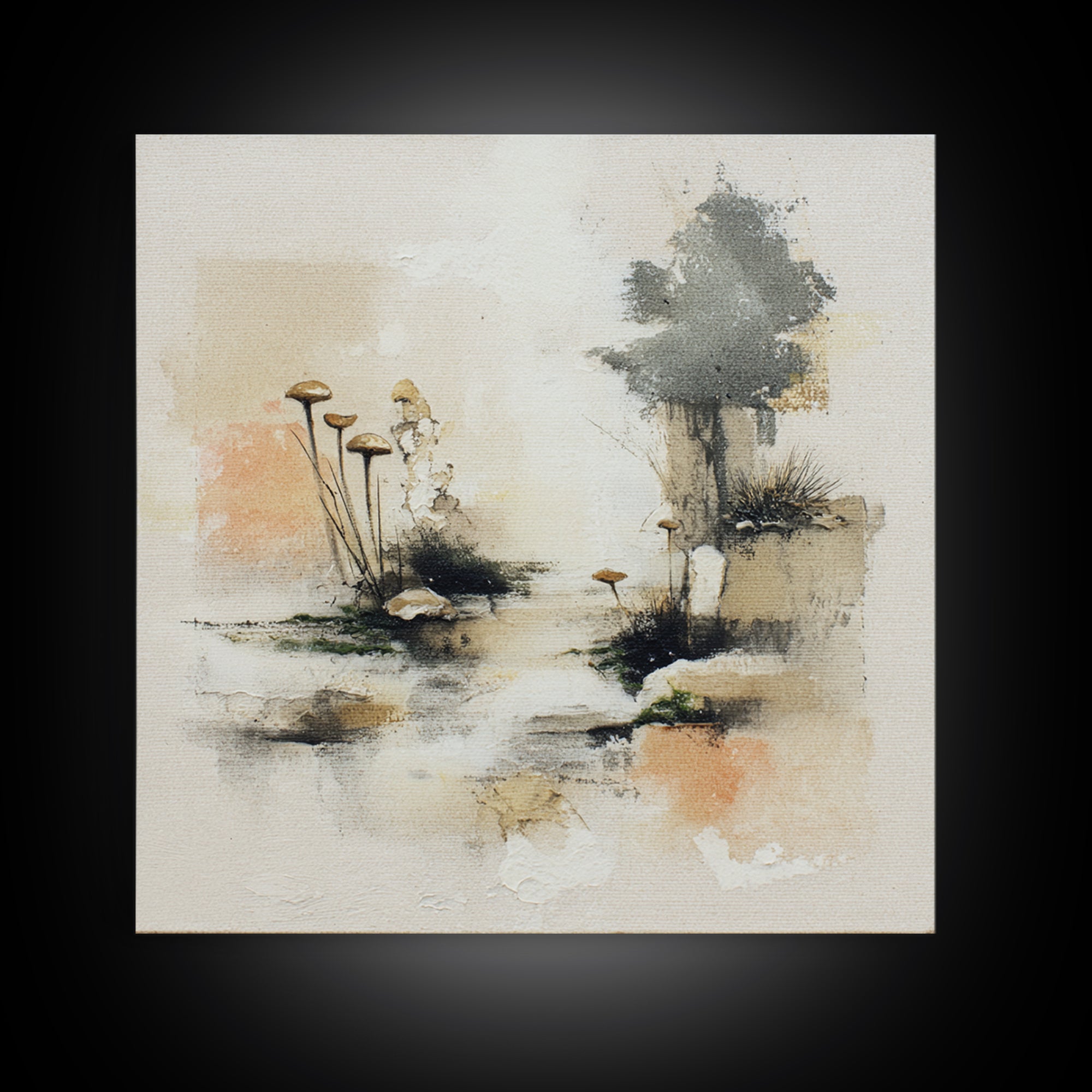 Simple Mushroom and Moss Forest Study Framed Canvas Print, Scandinavian Art, Decor, Living Room Decor, Oil Painting, Nordic, SCA-1x1-48