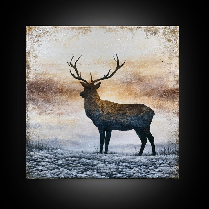 Reindeer Silhouette in Snowy Landscape Framed Canvas Print, Scandinavian Art, Abstract Painting, Living Room Decor, Nordic, SCA-1x1-6
