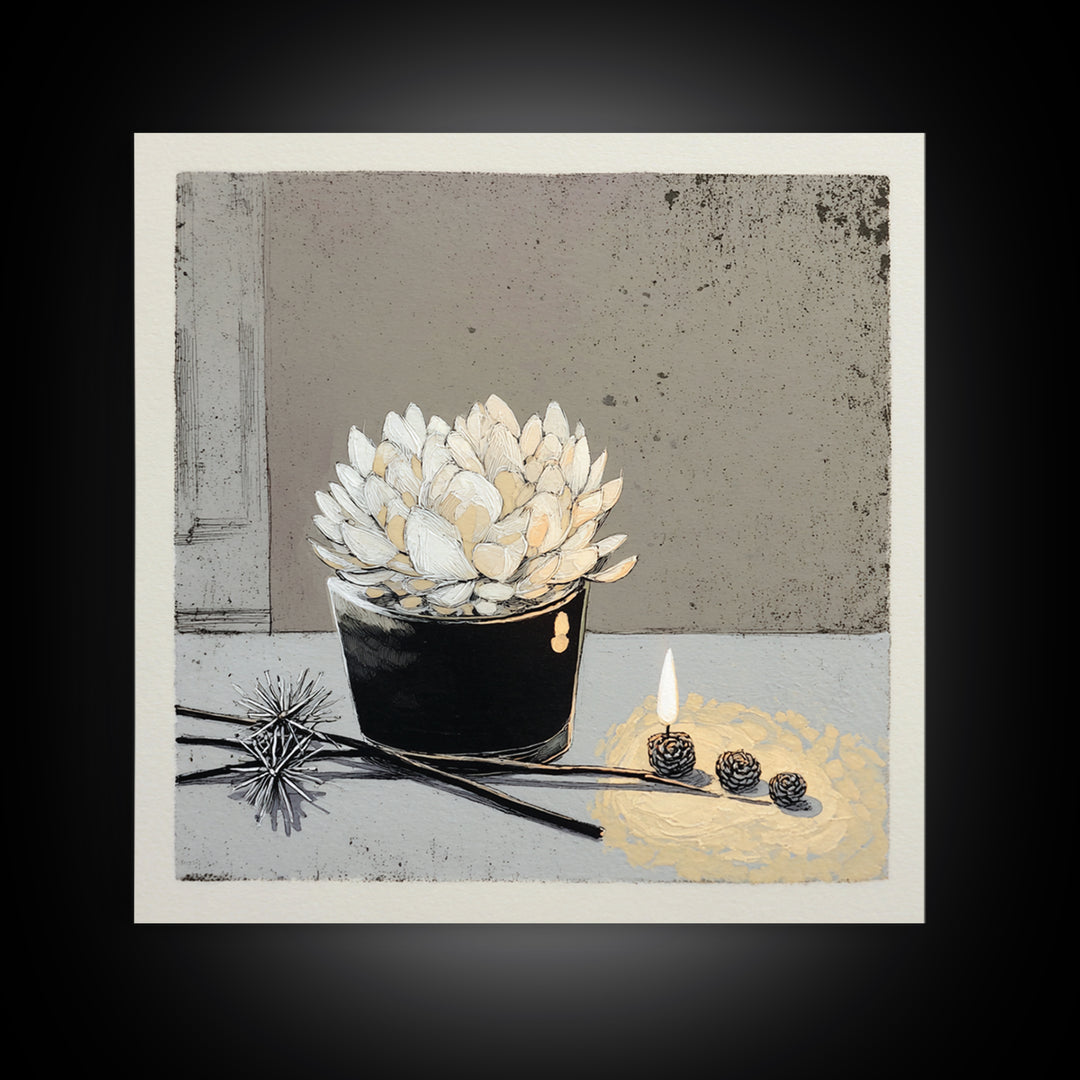Ceramic Vase with Dried Grasses Framed Canvas Print, Scandinavian Art, Living Room Decor, Oil Painting, Nordic, SCA-1x1-61